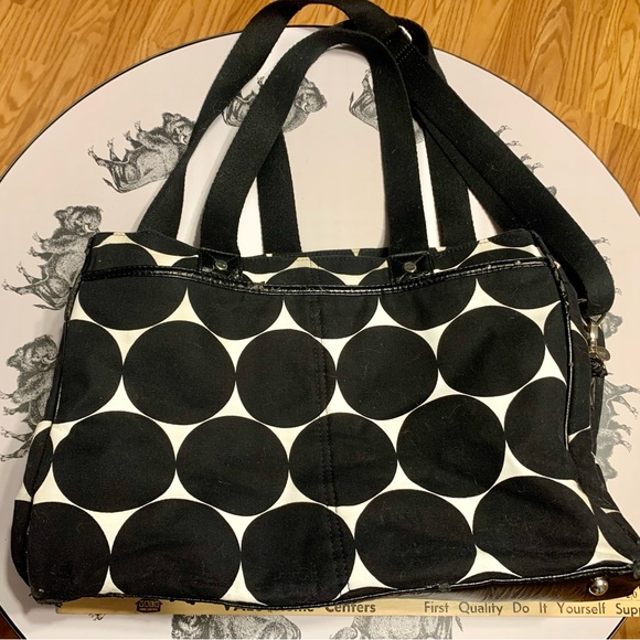 Thirty-One Duffle Weekender Overnight Bag Carry-on Blac White Circles - Picture 1 of 11